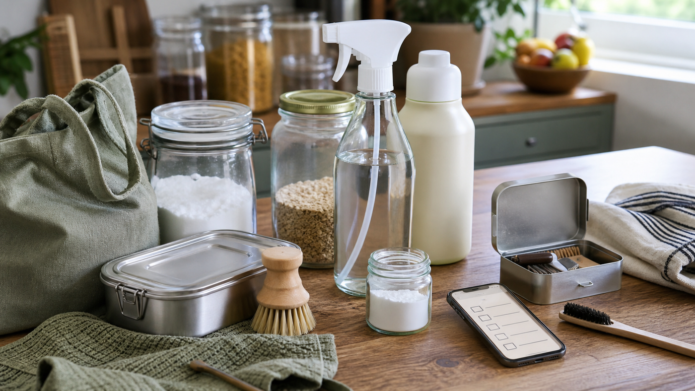 Reusable containers, refill bottle, repair kit, and household comparison checklist on a bright worktable