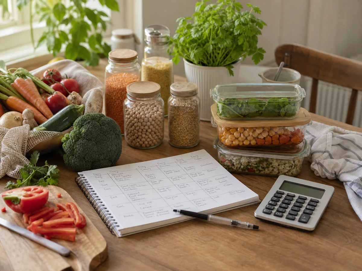 Affordable vegetables, pantry staples, reusable containers, weekly meal planner, and calculator on a kitchen table