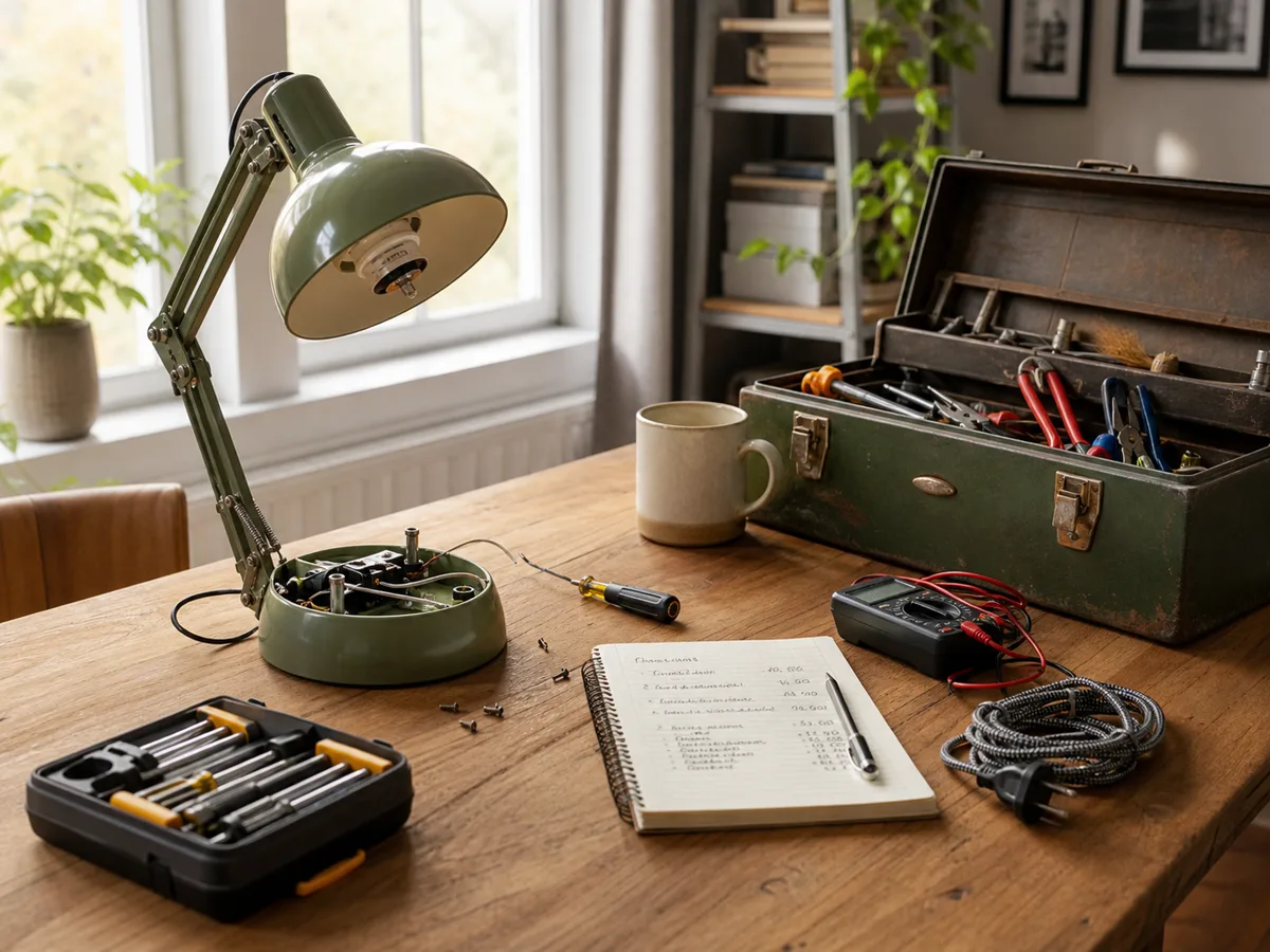 Repairable desk lamp, hand tools, multimeter, and cost-comparison notebook on a home worktable